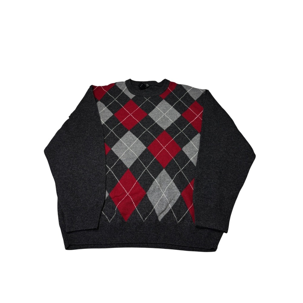 Jos. A.‎ Bank Mens XL Lambswool Argyle Crew Neck Sweater Charcoal Red Grey